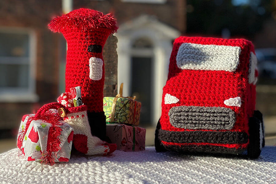 Atlas Translations Postbox Topper 2020 Royal Mail Van created in crochet with Royal Mail Postbox