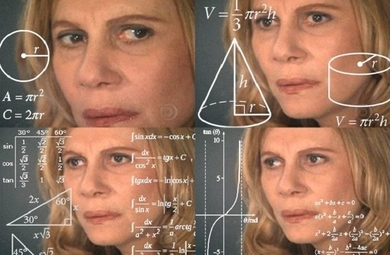 popular meme showing a blond white woman thinking and surrounded by mathematical symbols multilingual health information